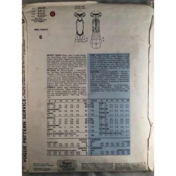 VINTAGE, RETRO, VOGUE,1987, WEDDING DRESS & BRIDESMAID DRESS, #1828, SIZE 6 - Picture 2 of 2